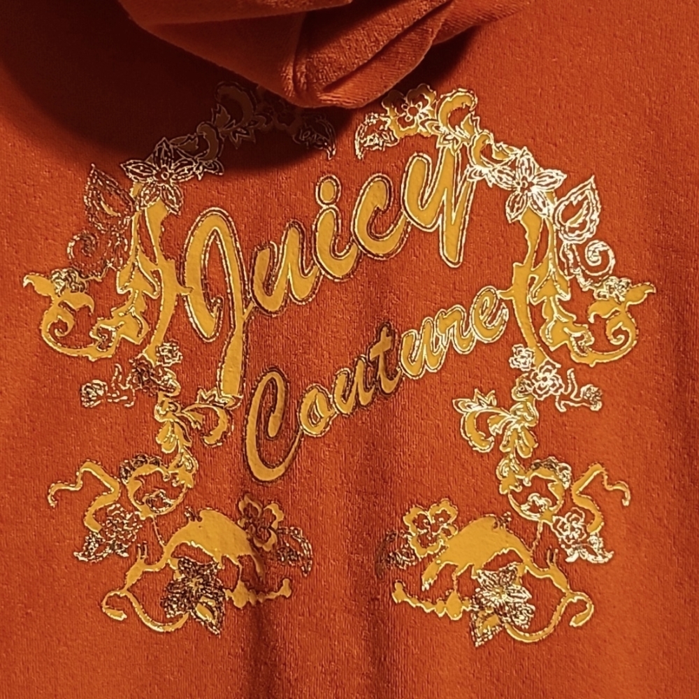 Juicy Couture Hoodie Jacket Women's Large Orange Terry Cloth Zip-Up Vintage Logo - Picture 8 of 10